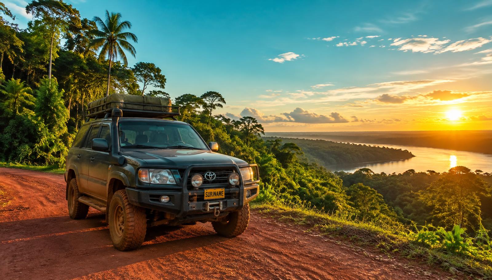 SUV op een rode zandweg in het Surinaamse binnenland